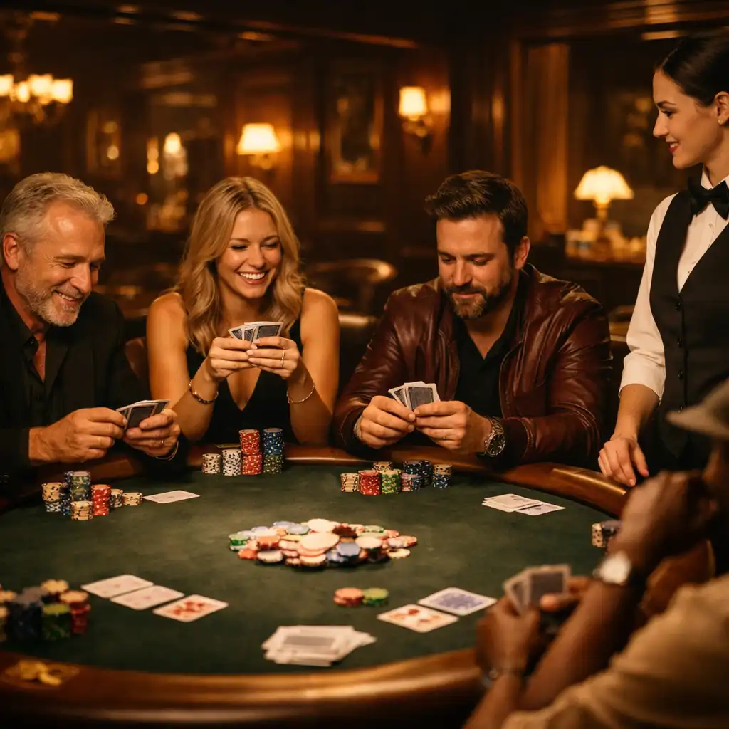 A group of guests seated around a poker table in the warm, intimate card lounge
