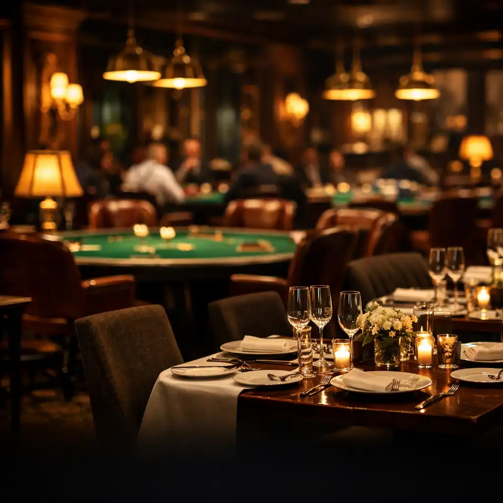 Elegant dining tables in the foreground of the card lounge, with poker tables and leather chairs visible in the warm, dimly lit background