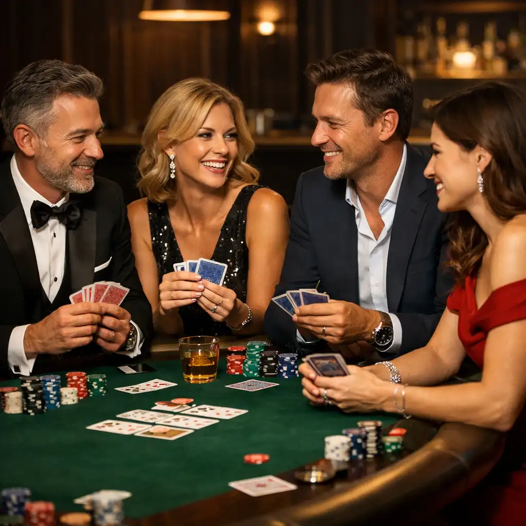 A group of elegantly dressed guests laughing and engaged around a poker table in the card lounge