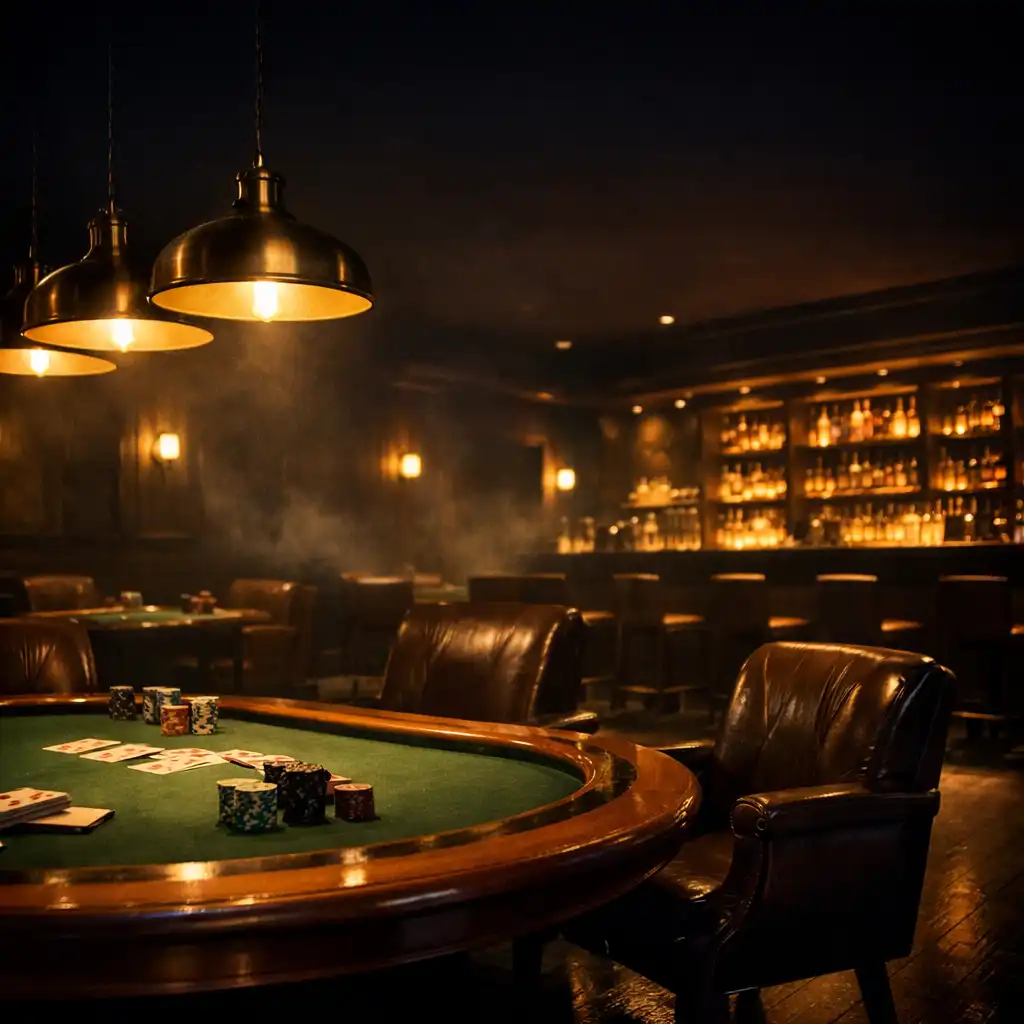 Cinematic view of the Golden Chance House card lounge with warm timber poker tables, leather chairs, and golden pendant lighting