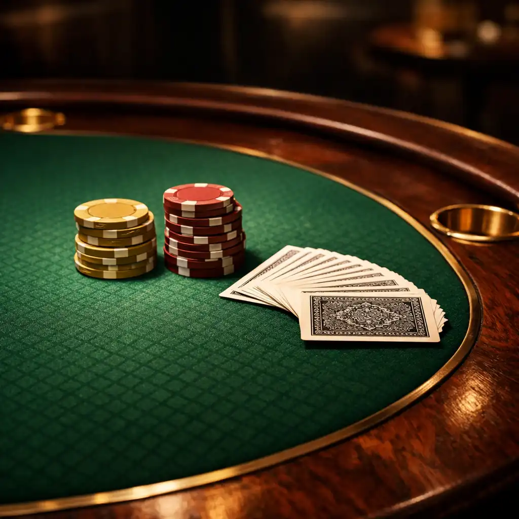 Close-up of a premium poker table with green felt, dark wood rim, brass cup holders, and neatly stacked chips