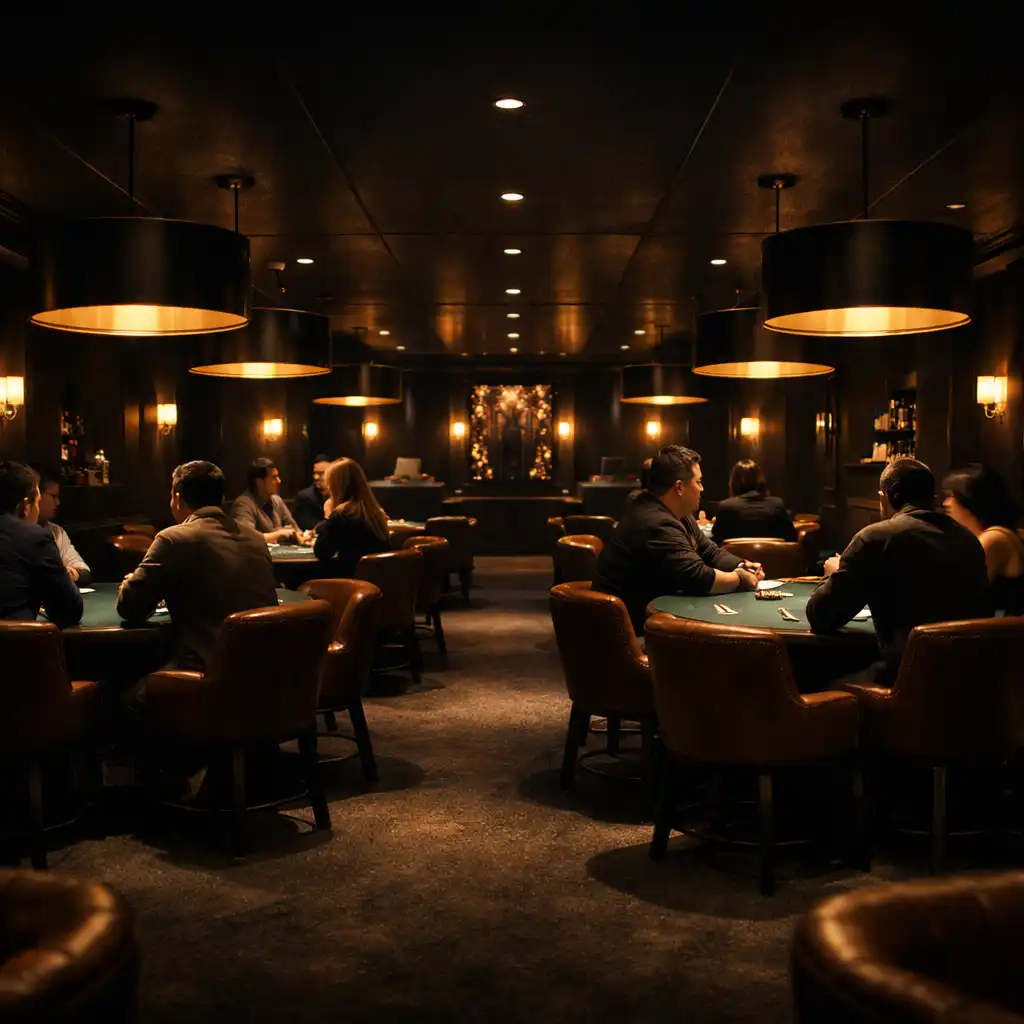 Wide view of the Golden Chance House card lounge with several poker tables, leather chairs, and warm gold accent lighting
