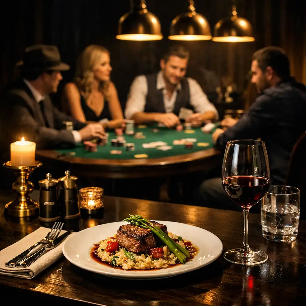 A set dining table with a plated dish and wine in the foreground, while guests play at a poker table in the softly lit background