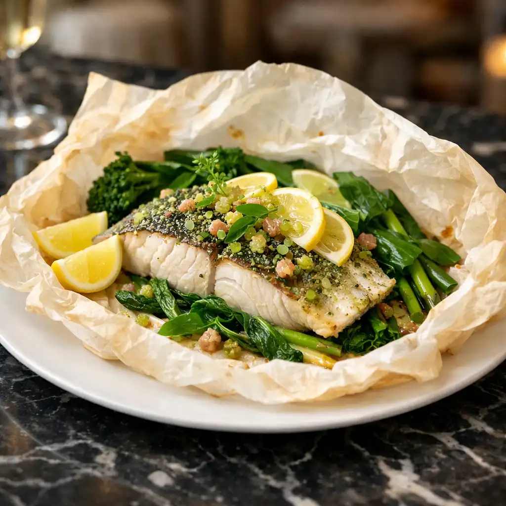 Barramundi en papillote opened to reveal steamed fish with lemon myrtle, finger lime, and seasonal greens