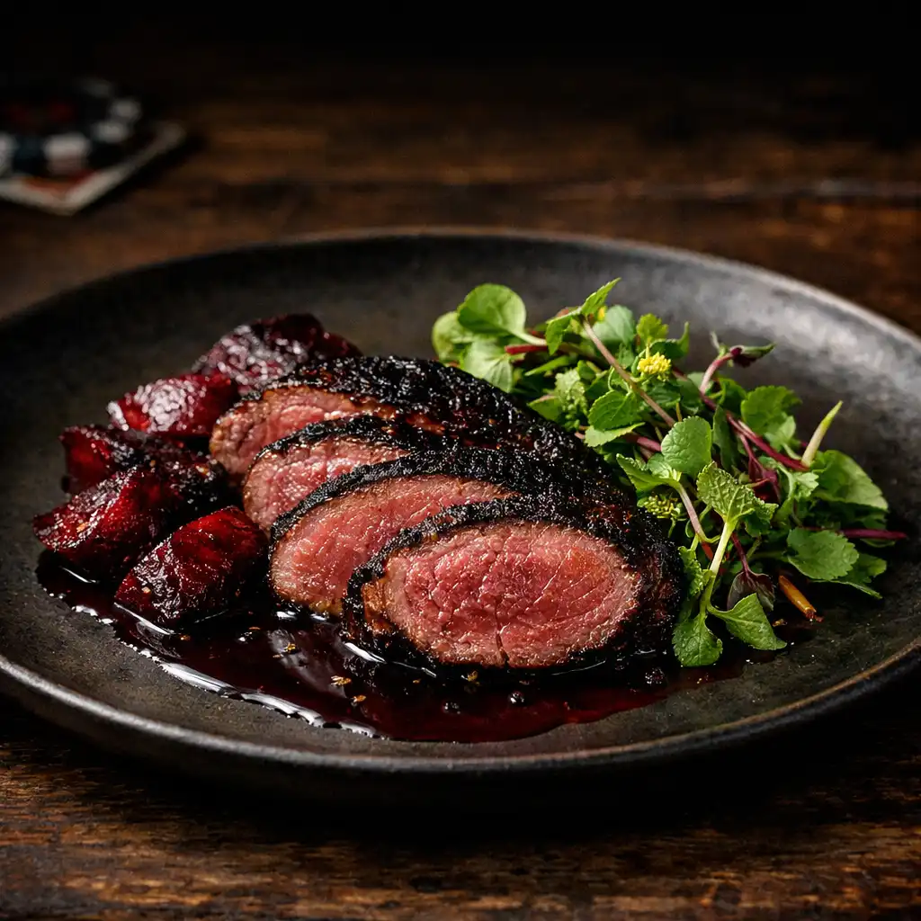 Sliced charred kangaroo loin with native pepper jus, roasted beetroot, and herb salad on a dark ceramic plate
