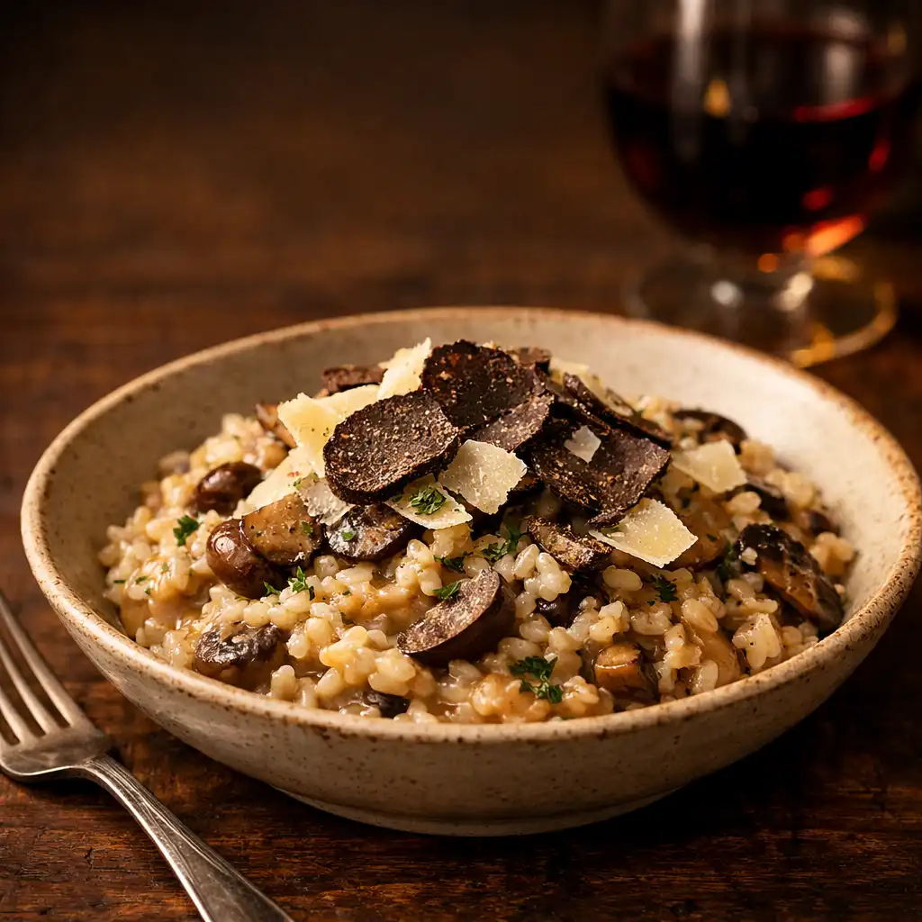 Creamy truffle and mushroom risotto in a shallow bowl, garnished with shaved black truffle and aged parmesan