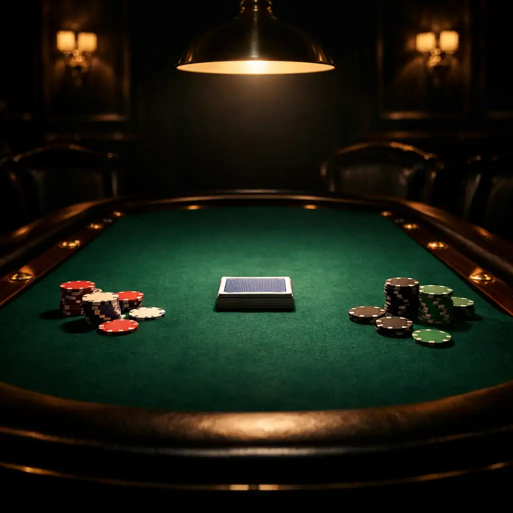 An empty poker table under a single warm light, awaiting the evening's guests