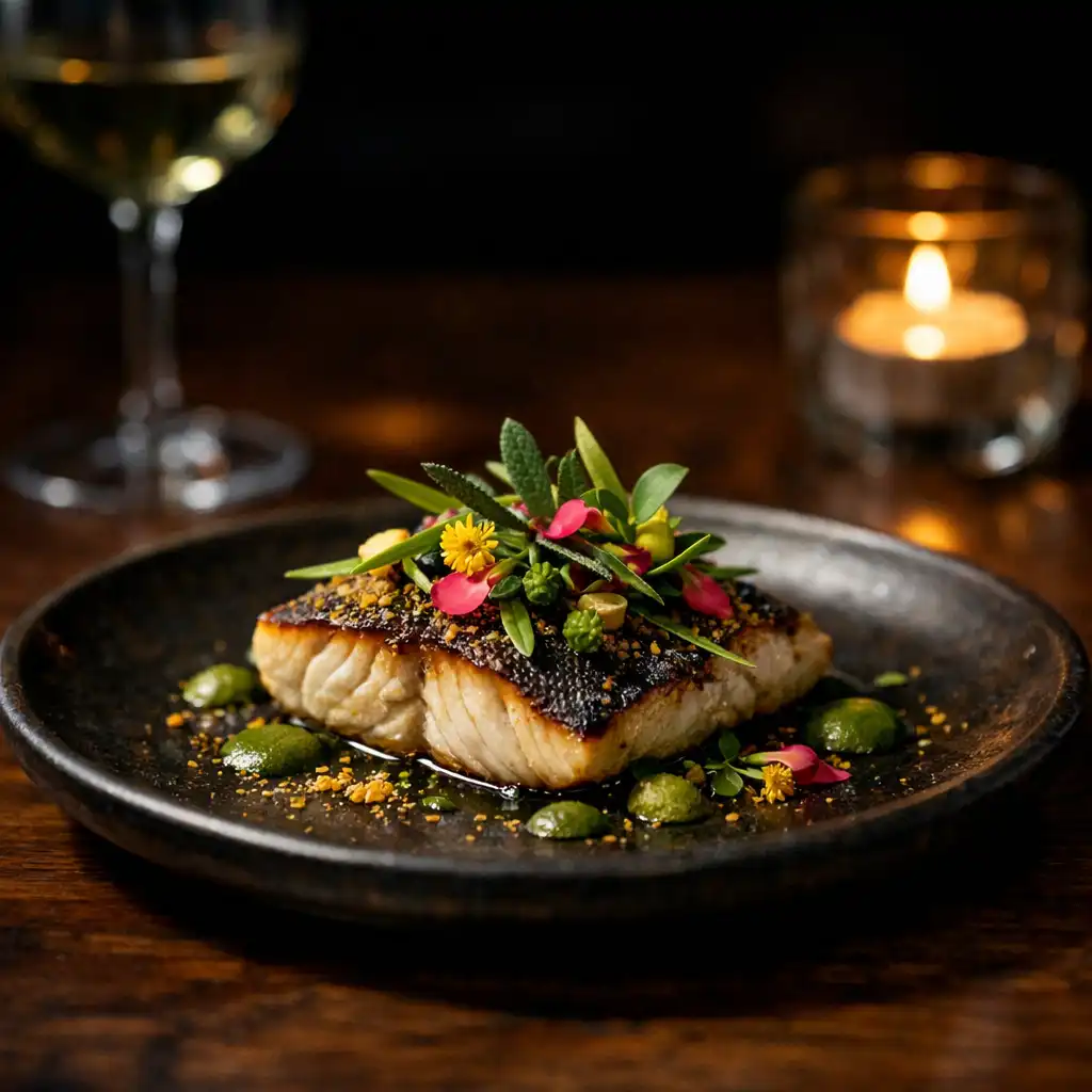 Elegant Australian dish on a dark ceramic plate with a wine glass and candlelight in the soft-focus background