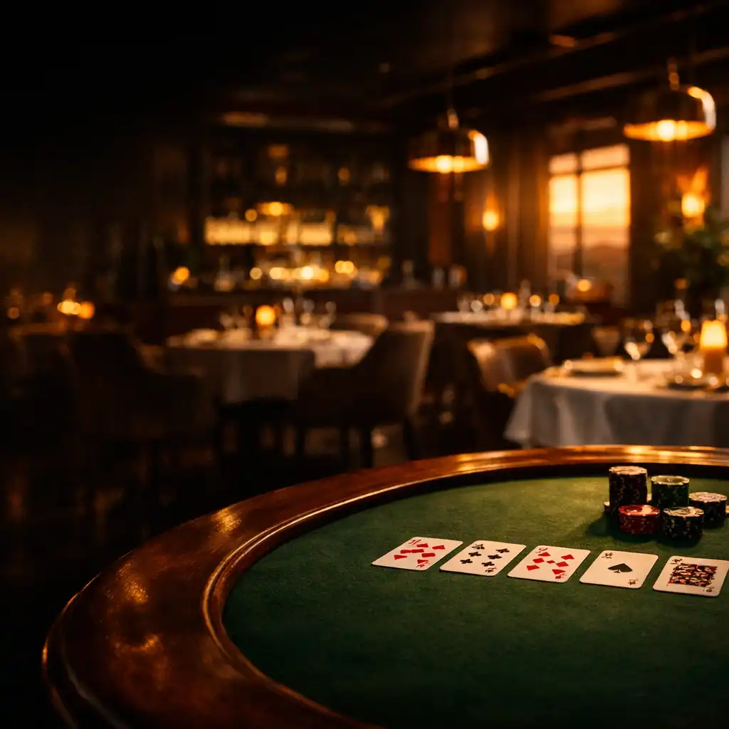 Elegant restaurant interior with a poker table in the foreground, warm golden lighting, and refined dining tables in the background