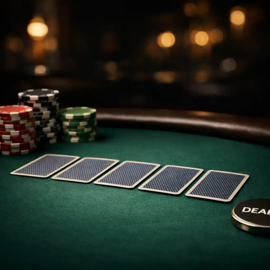 Close-up of a professional poker table with playing cards and physical poker chips in a dimly lit card lounge