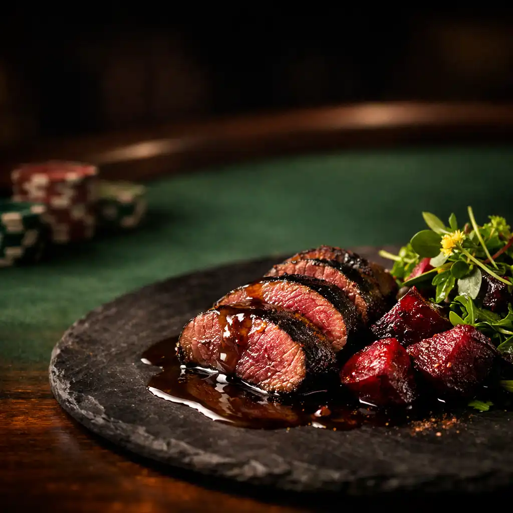 Charred kangaroo loin plated with native pepper jus, roasted beetroot, and herb salad on a dark slate plate, with a softly blurred poker table and chips in the background
