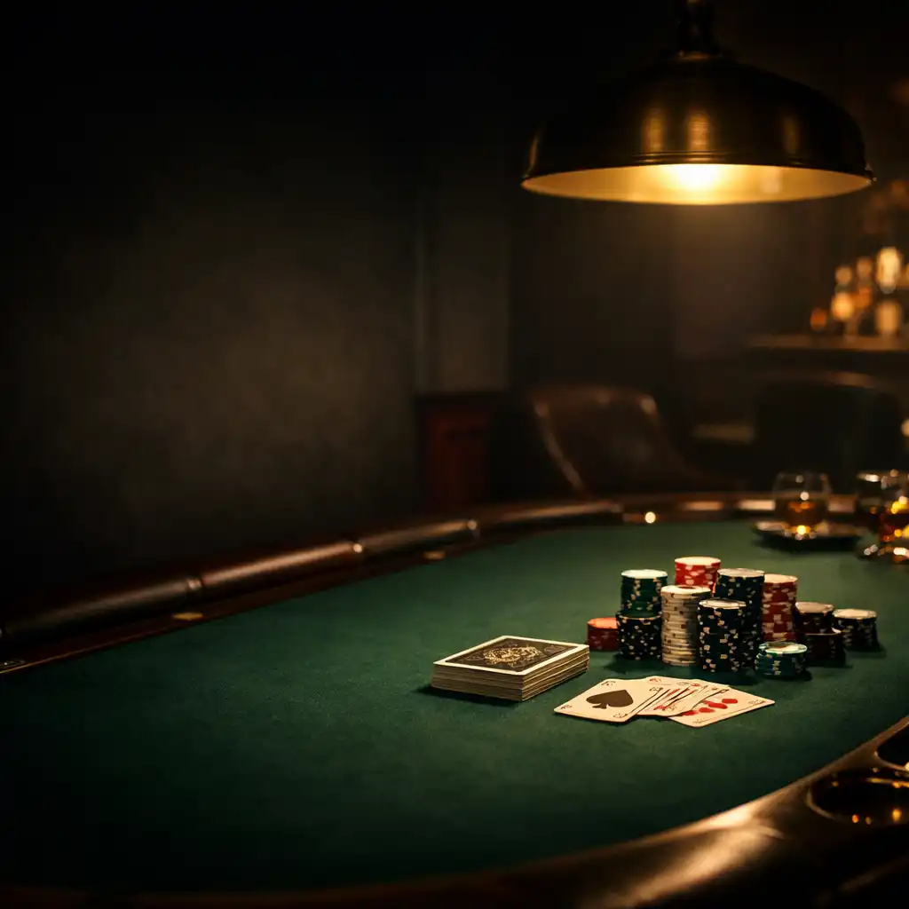 Cinematic view of a premium poker table with cards and chips in a dimly lit card lounge
