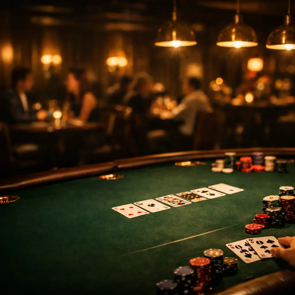 A cinematic poker table in a dimly lit, elegant lounge with warm pendant lighting