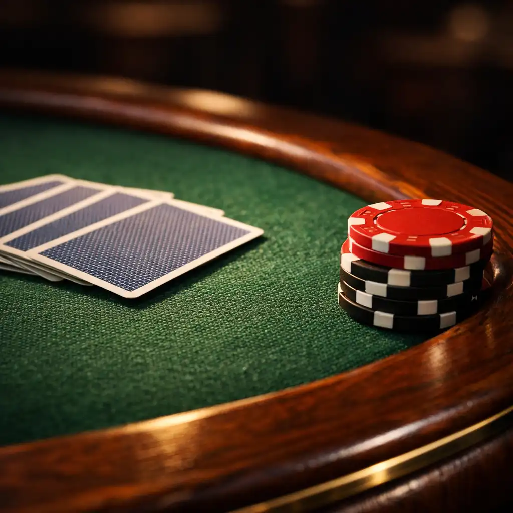Close-up of the premium felt surface and wood rim of a Golden Chance House poker table