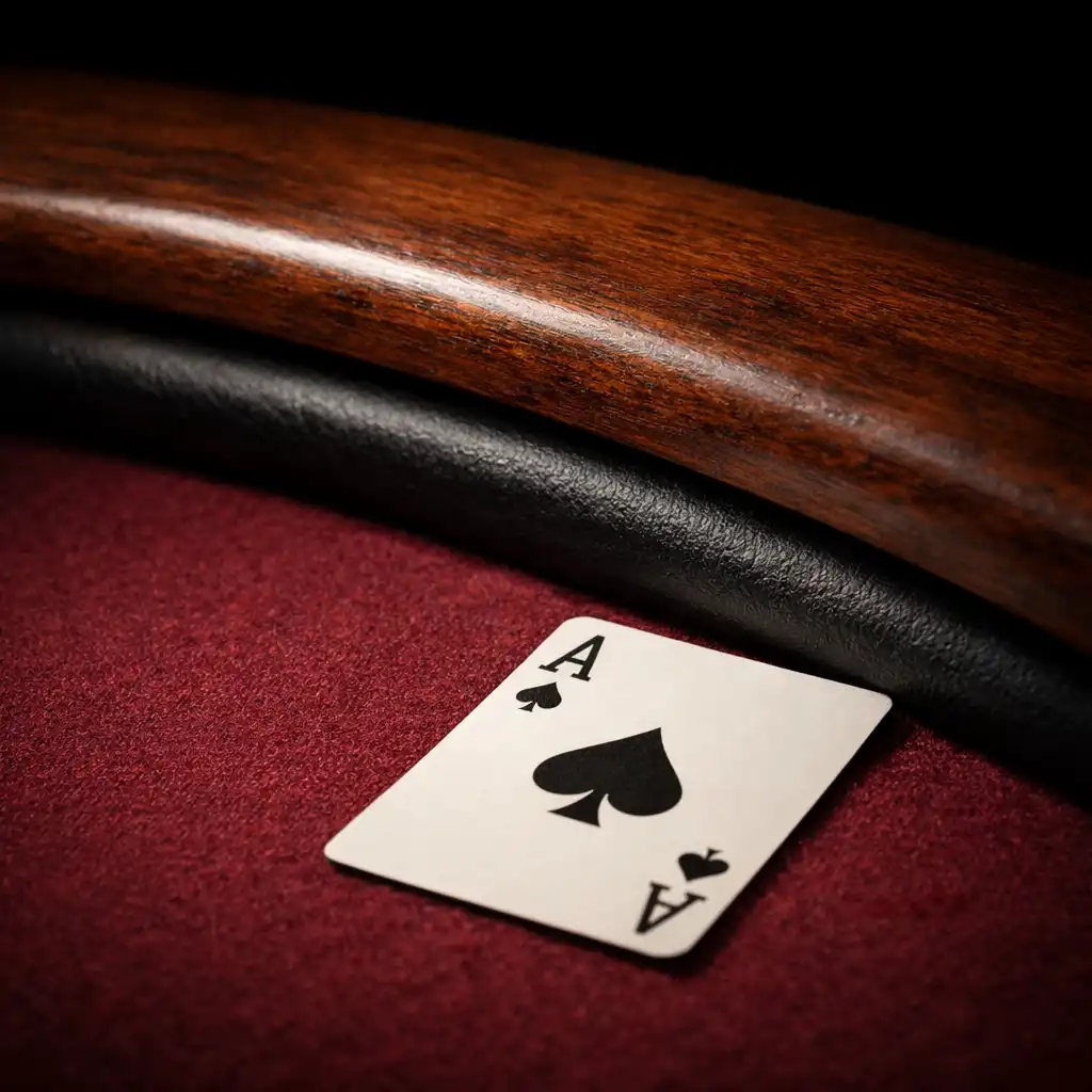 Close-up of a poker table edge showing burgundy felt, dark walnut rail, and a single ace of spades
