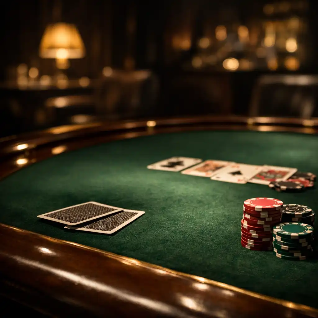Cinematic view of a premium poker table with dark green felt, polished wooden rail, playing cards, and clay chips under moody lighting