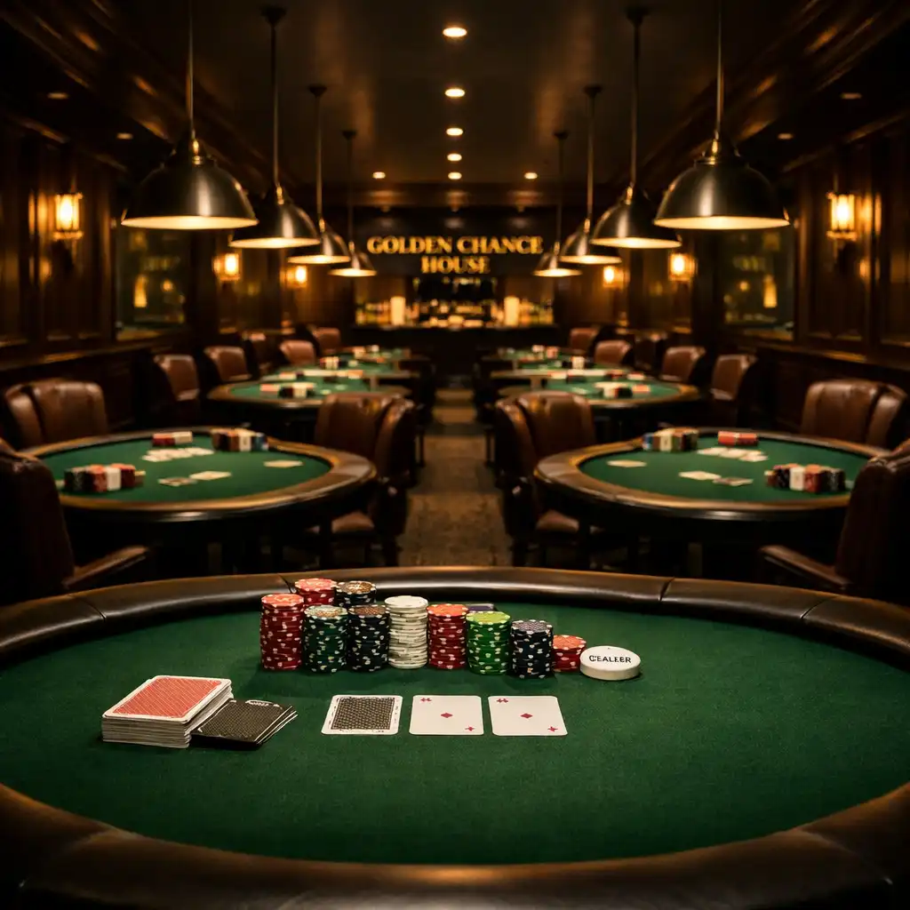 Card lounge at Golden Chance House set up for a private poker night with professional tables and warm pendant lighting