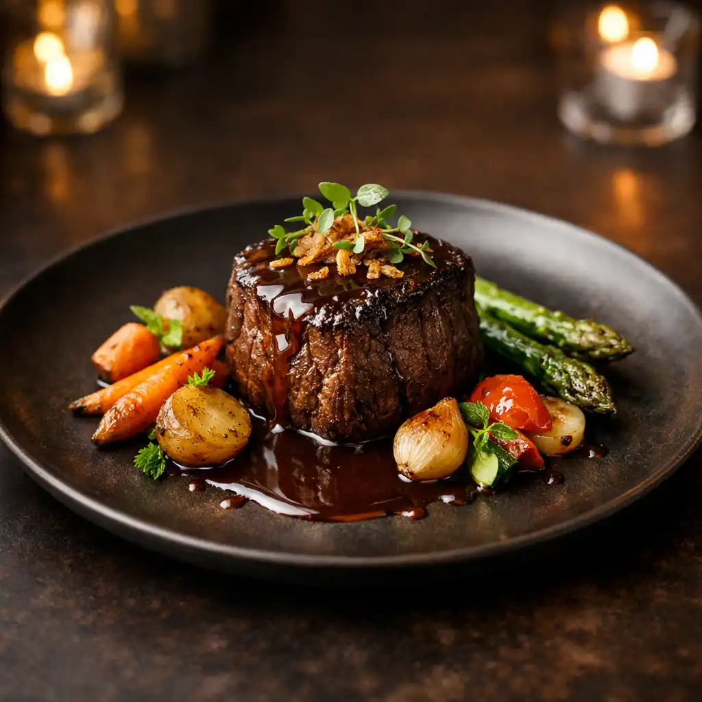 Signature dish at Golden Chance House with Australian beef fillet, roasted vegetables, and rich jus on a dark plate