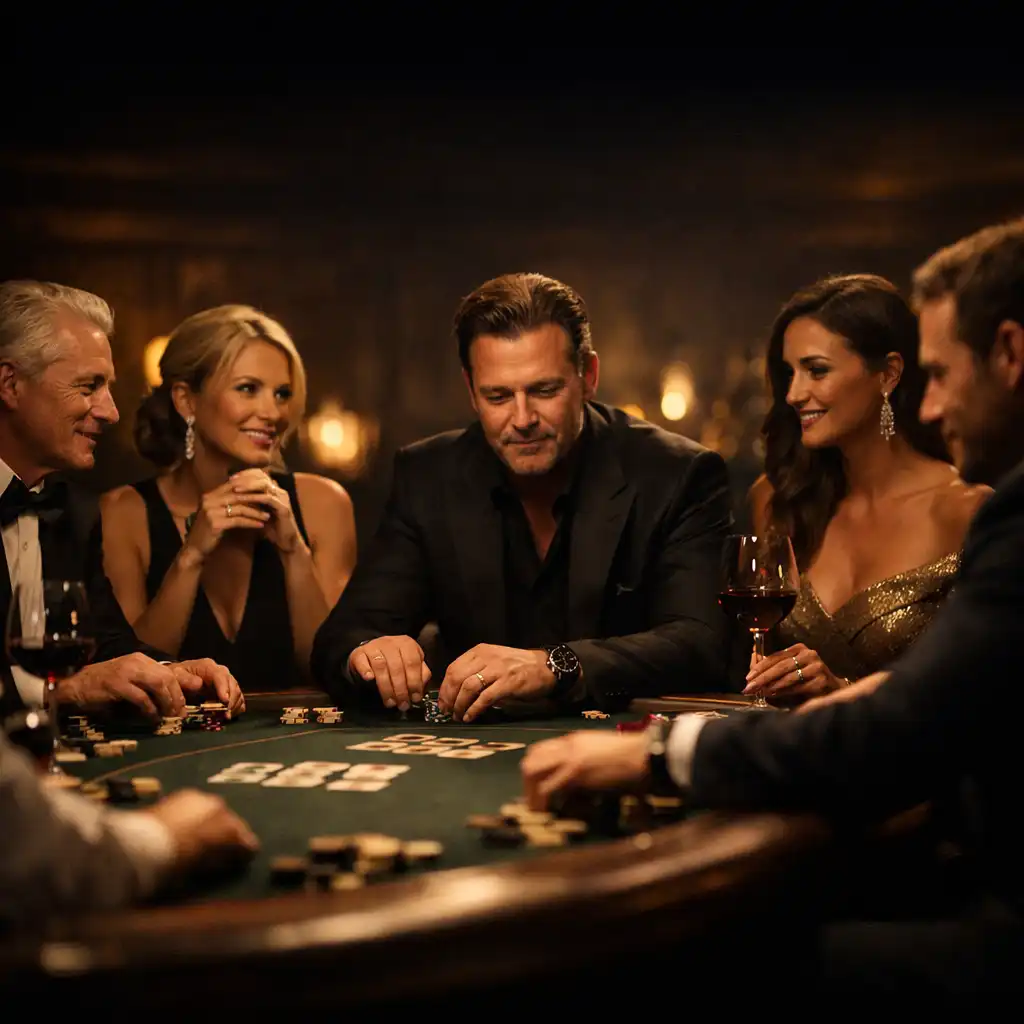Elegant private event at Golden Chance House with guests gathered around a poker table in a warmly lit card lounge