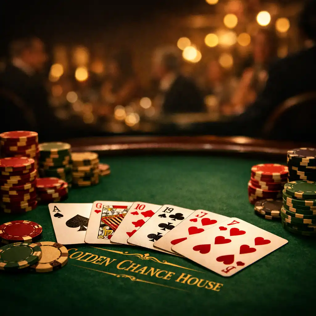 Close view of a poker table at Golden Chance House with playing cards and muted chips during a private event