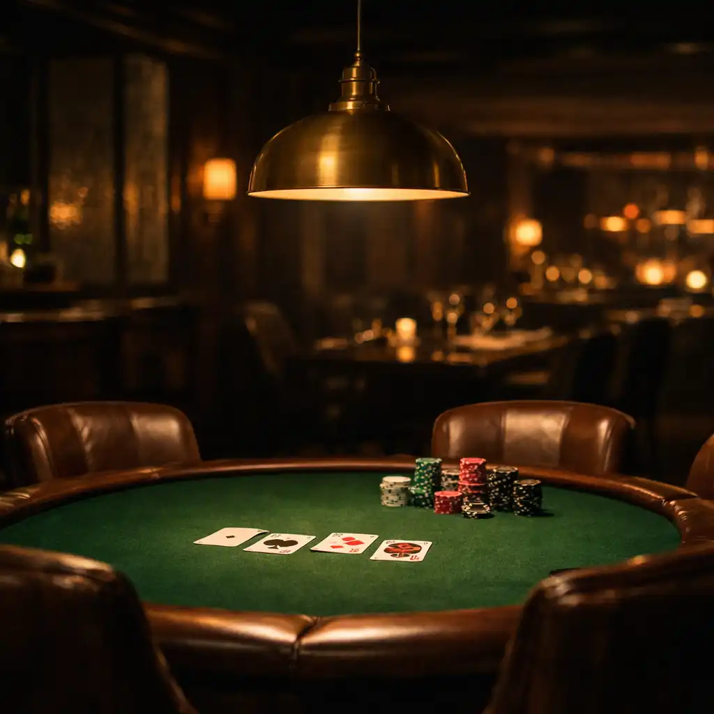 A sophisticated card lounge with a premium poker table, leather chairs, and warm pendant lighting