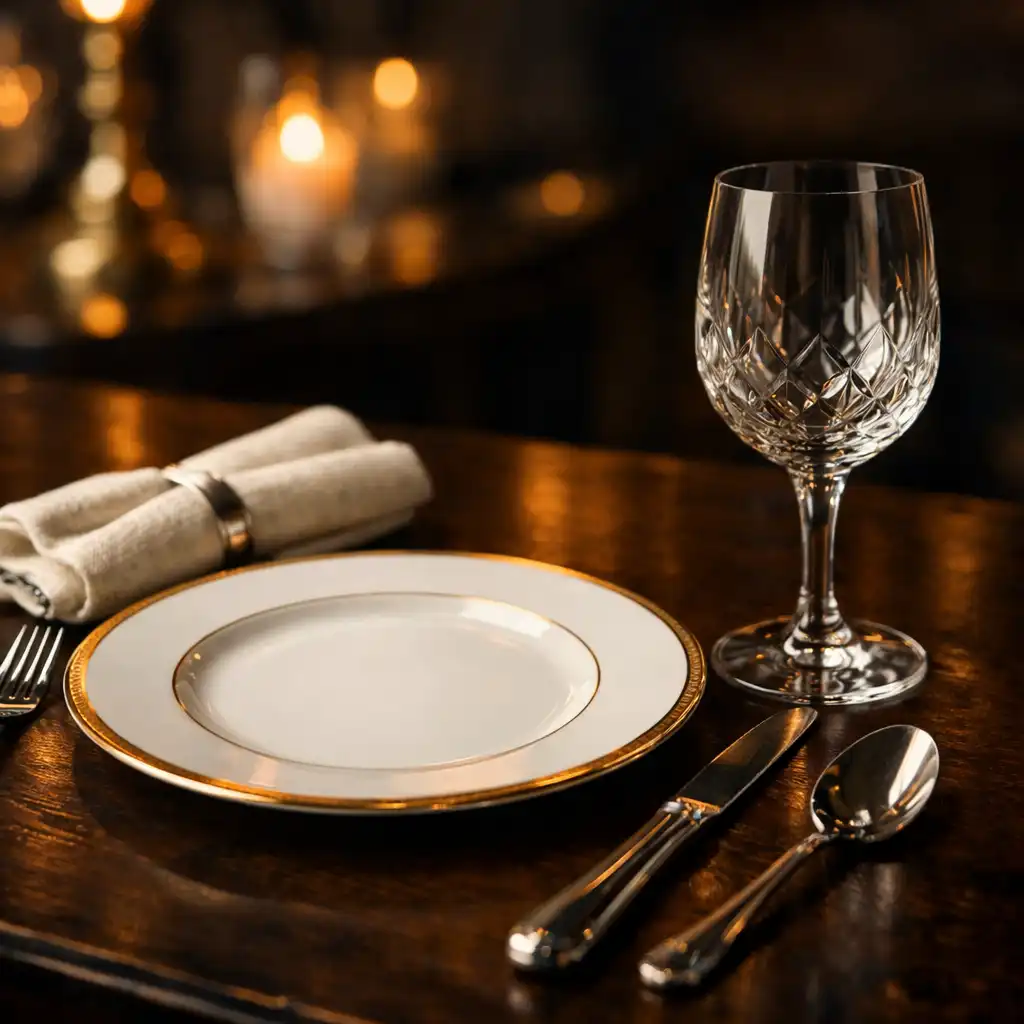 A beautifully set dining table with a gold-rimmed plate, polished cutlery, a crystal wine glass, and a folded linen napkin