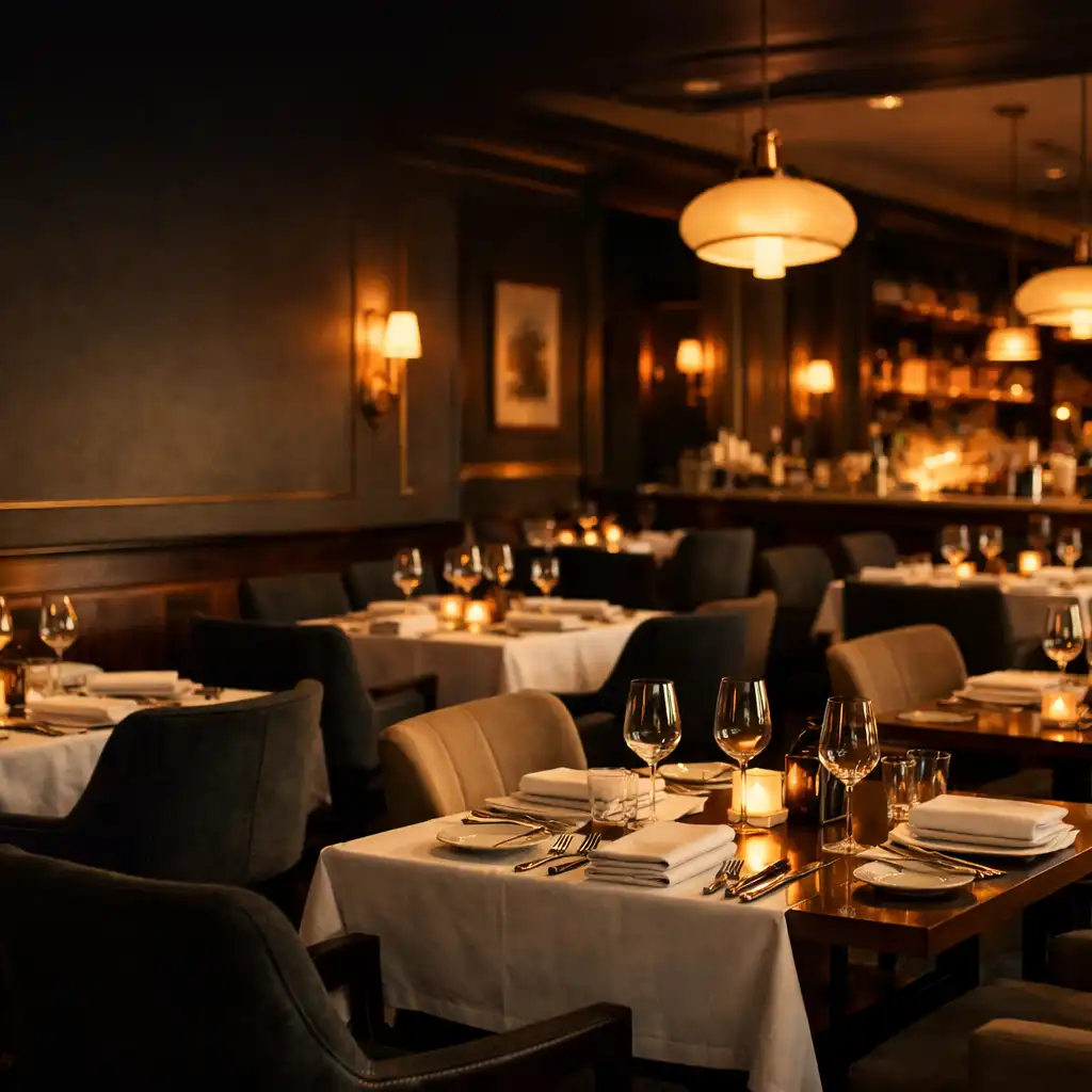 The Golden Chance House dining room at golden hour, with warm lighting, elegant table settings, and a sophisticated atmosphere