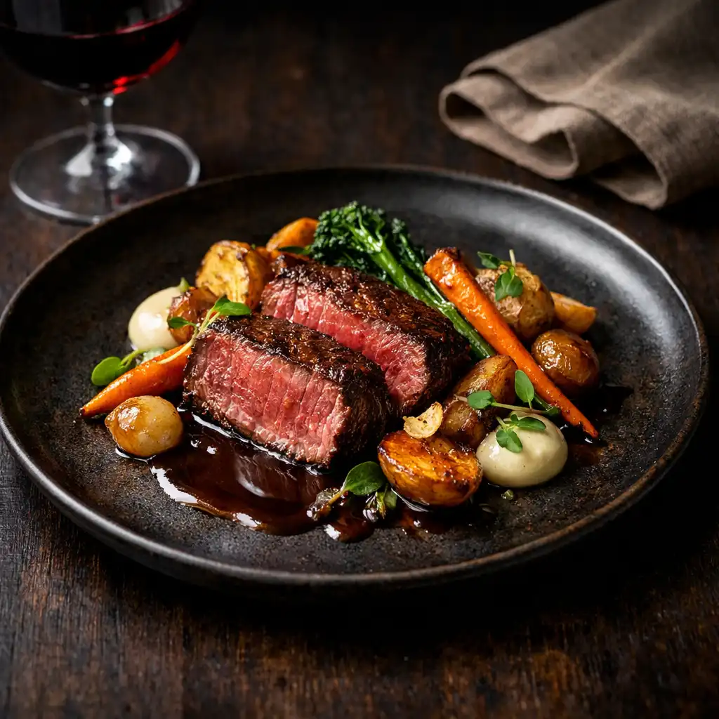 Elegant plated dish with seared Australian beef and roasted vegetables on a dark ceramic plate